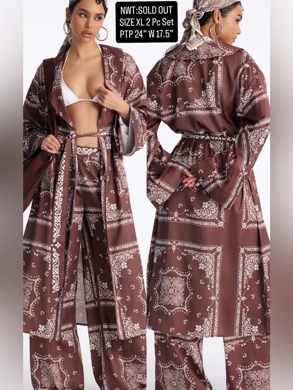 NWT Brown Bandana-Print Satin Robe & Pant Lounge Set Size XL - Picture 4 of 5